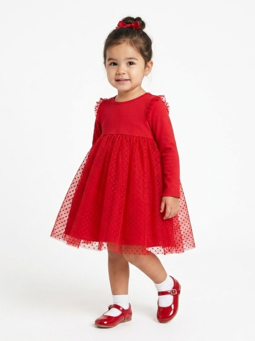 Petit Bateau Red Tulle Polka Dot Toddler Dress 36M 3T Holiday Long Sleeve